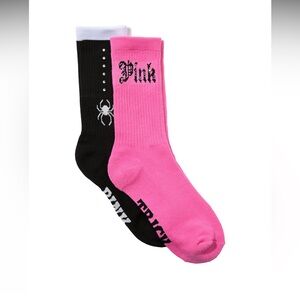 VS PINK Halloween Spider & Bling Logo 2-Pack Crew Socks NEW